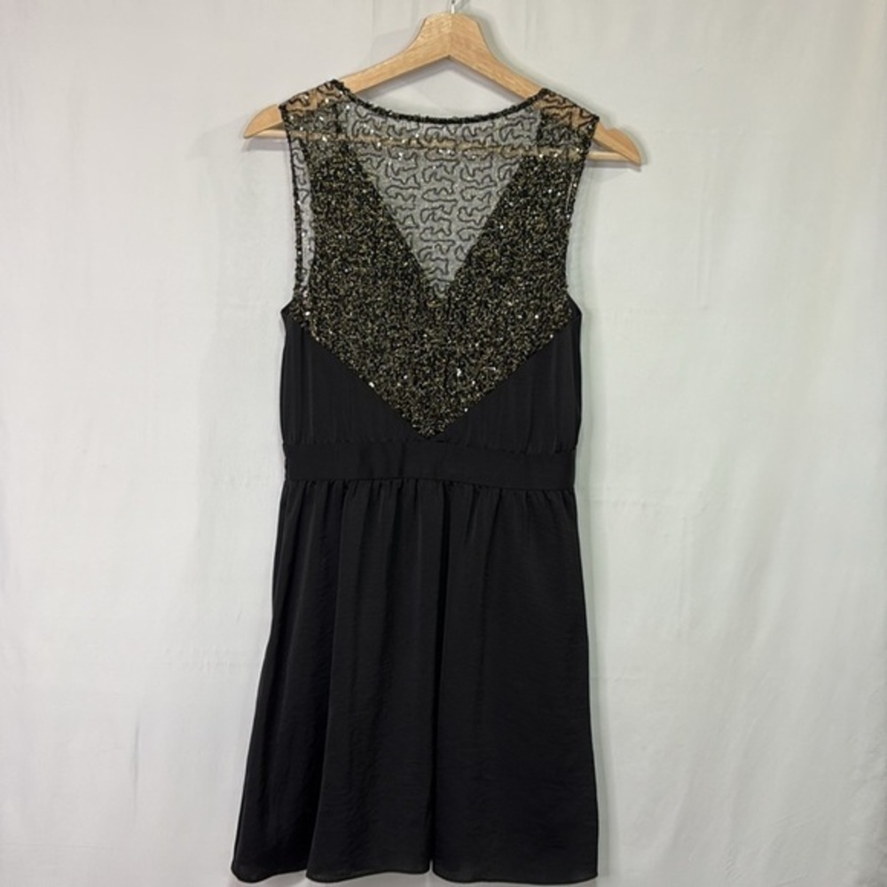 🥒 BCBG, black, sleeveless lace and gold sheer back V-neck dress
